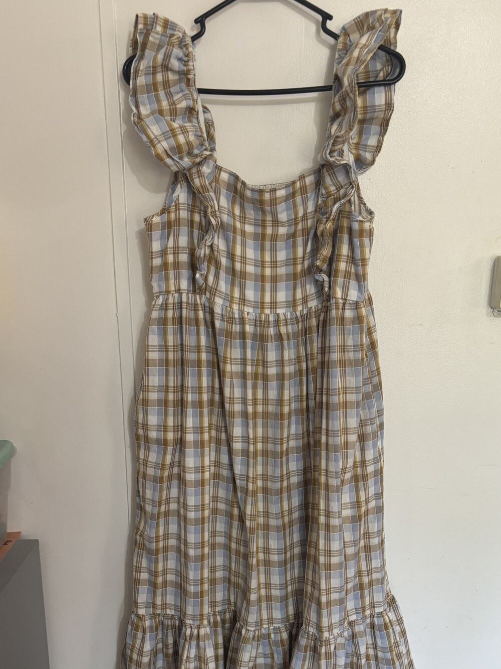 Madewell Plaid Ruffle Sleeve Dress size 12 Cotton Brown Blue White Plaid